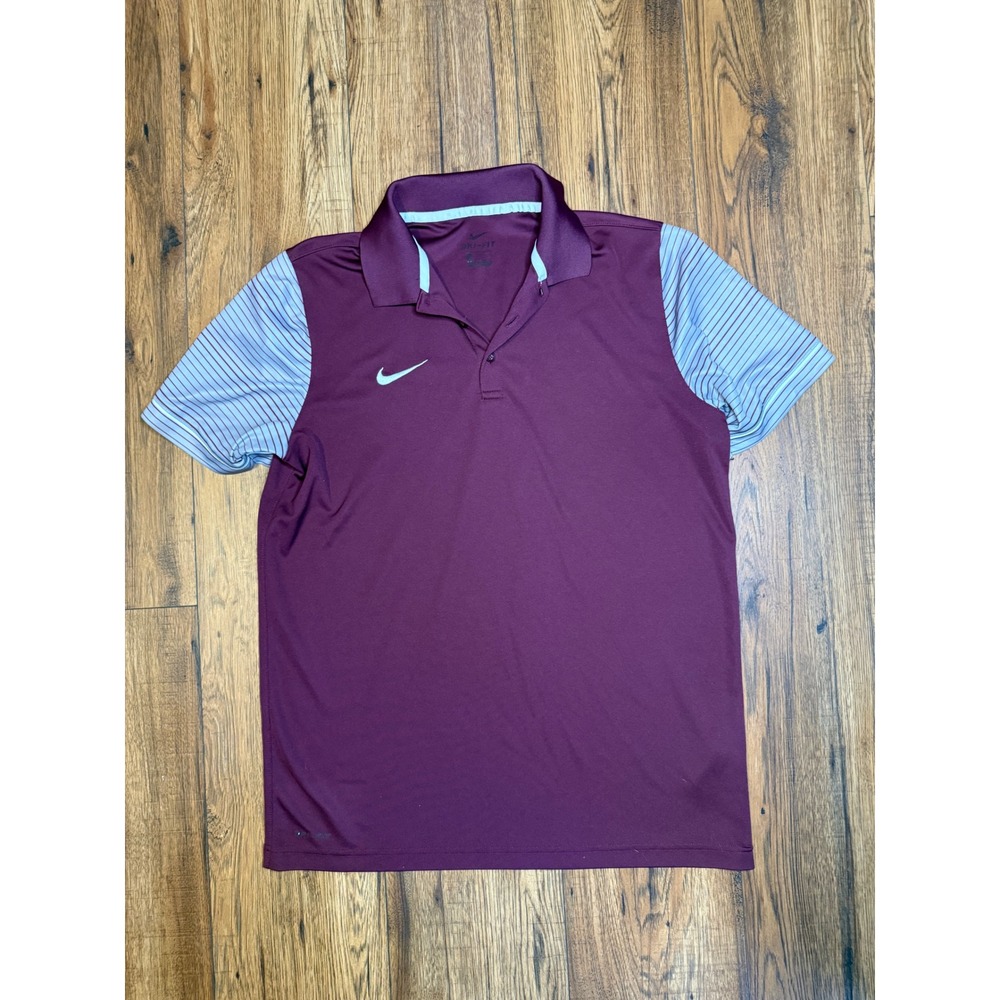 Nike Dri-FIT Mens Polo Shirt Large Burgundy Maroon Striped Sleeve 845840-669